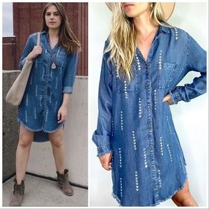 Cloth & Stone shirt dress chambray stamped arrows fringe raw hem